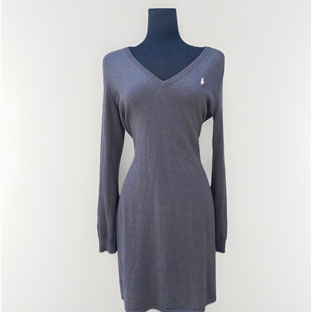 Ralph Lauren Sweater Dress Womens L Gray V-Neck Merino Wool Cotton White Logo